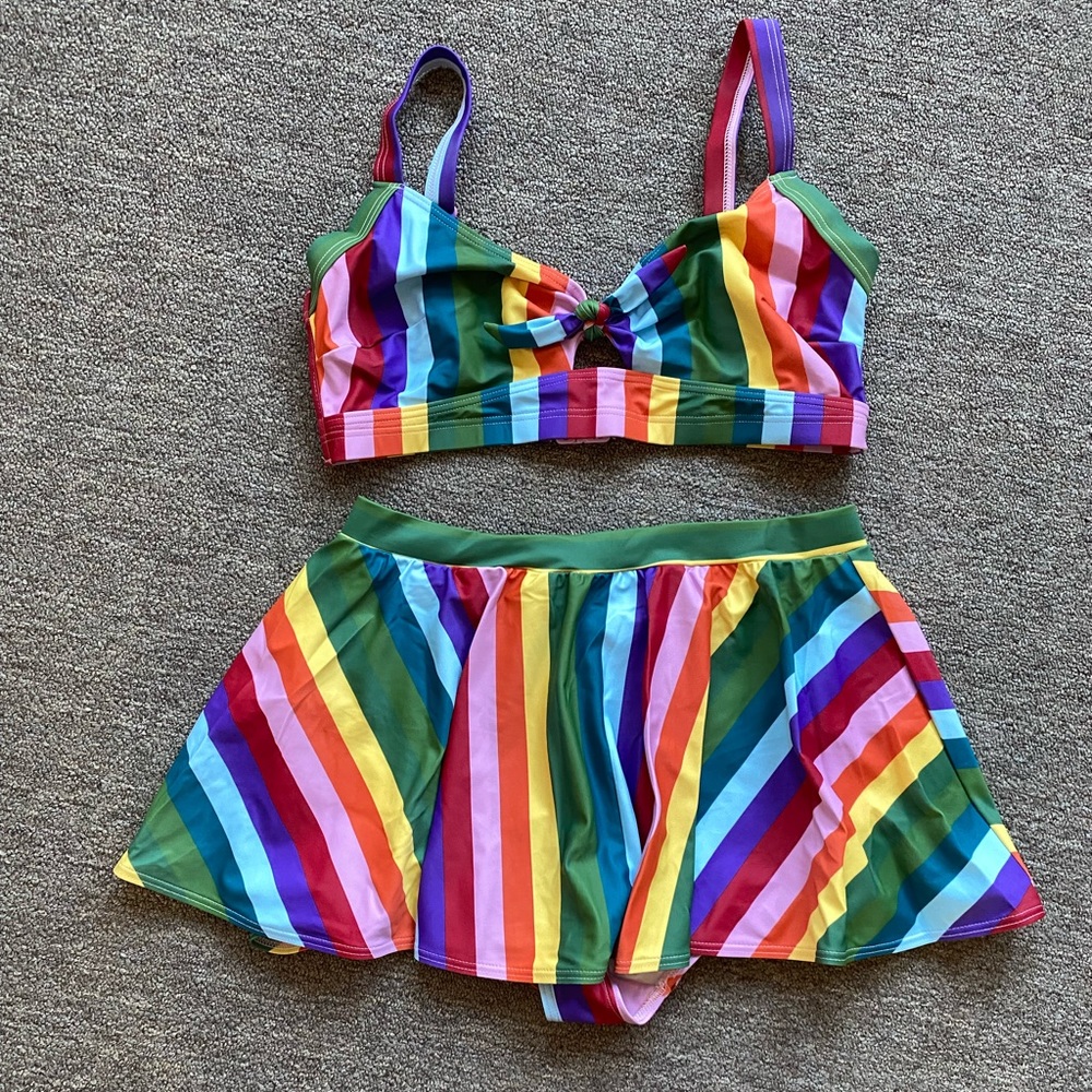 Rainbow striped skirt bikini by Collectif London, size 8-10